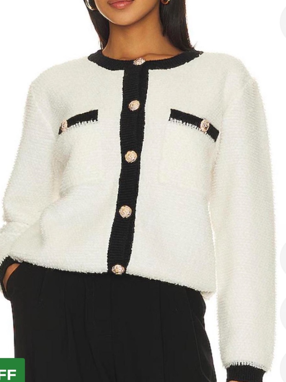 Line & Dot Cream Bouclé Button Jacket with Black Trim